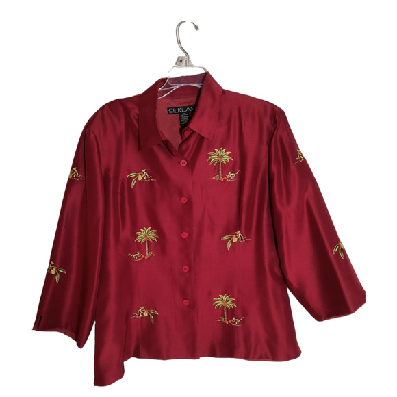 Silk Land Silk Blouse Women's 16 Red Button Down Embroidered Beaded Long Sleeve - Picture 1 of 13